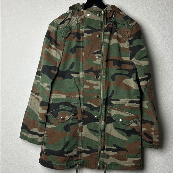 Forever 21 Camo Long Double-Breasted Utility Jacket Size L - Picture 2 of 11